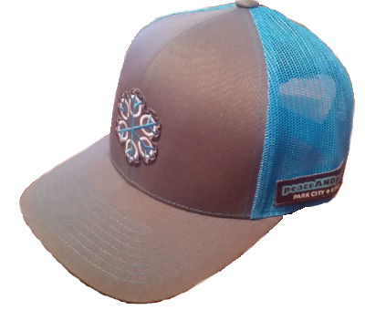 ZEN 6 Point Logo (cyan flake/white circles) Pacific Headwear 104C Trucker Mesh Snap Back Baseball Cap GRAPHITE/NEON BLUE