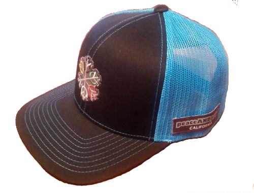 ZEN 6 Point Logo (gray flake/world circles) Pacific Headwear 104C Trucker Mesh Snap Back Baseball Cap BLACK/NEON BLUE